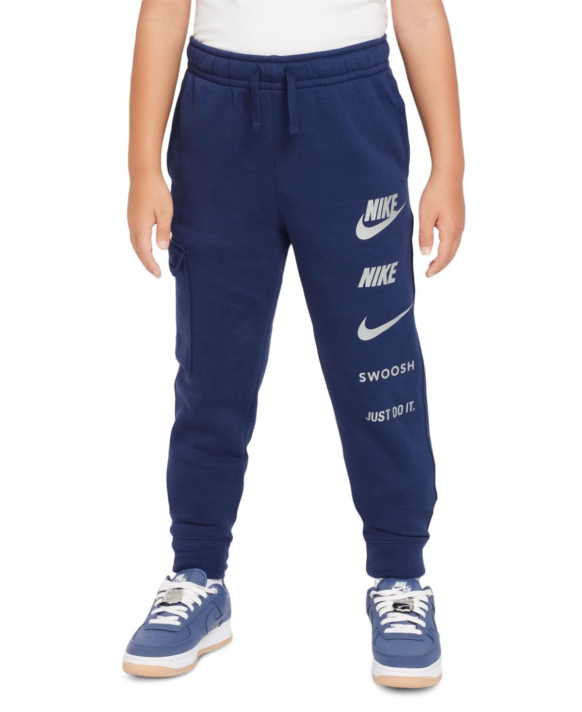 Nike Big Kids Sportswear Standard-Fit Logo-Print Fleece Cargo Joggers - Midnight Navy