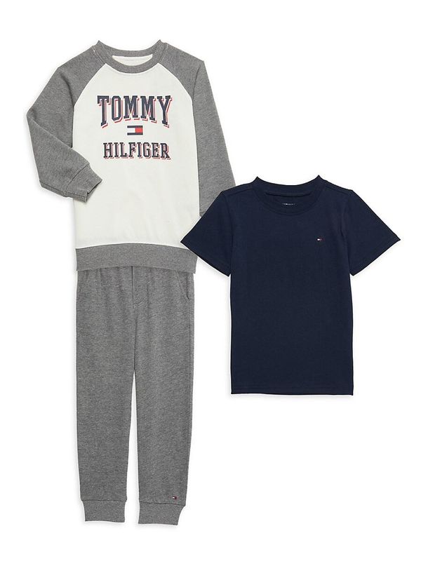 Tommy Hilfiger Baby Boys Basic T-shirt, Fleece Raglan Logo Crewneck and Joggers, 3 Piece Set - Gray