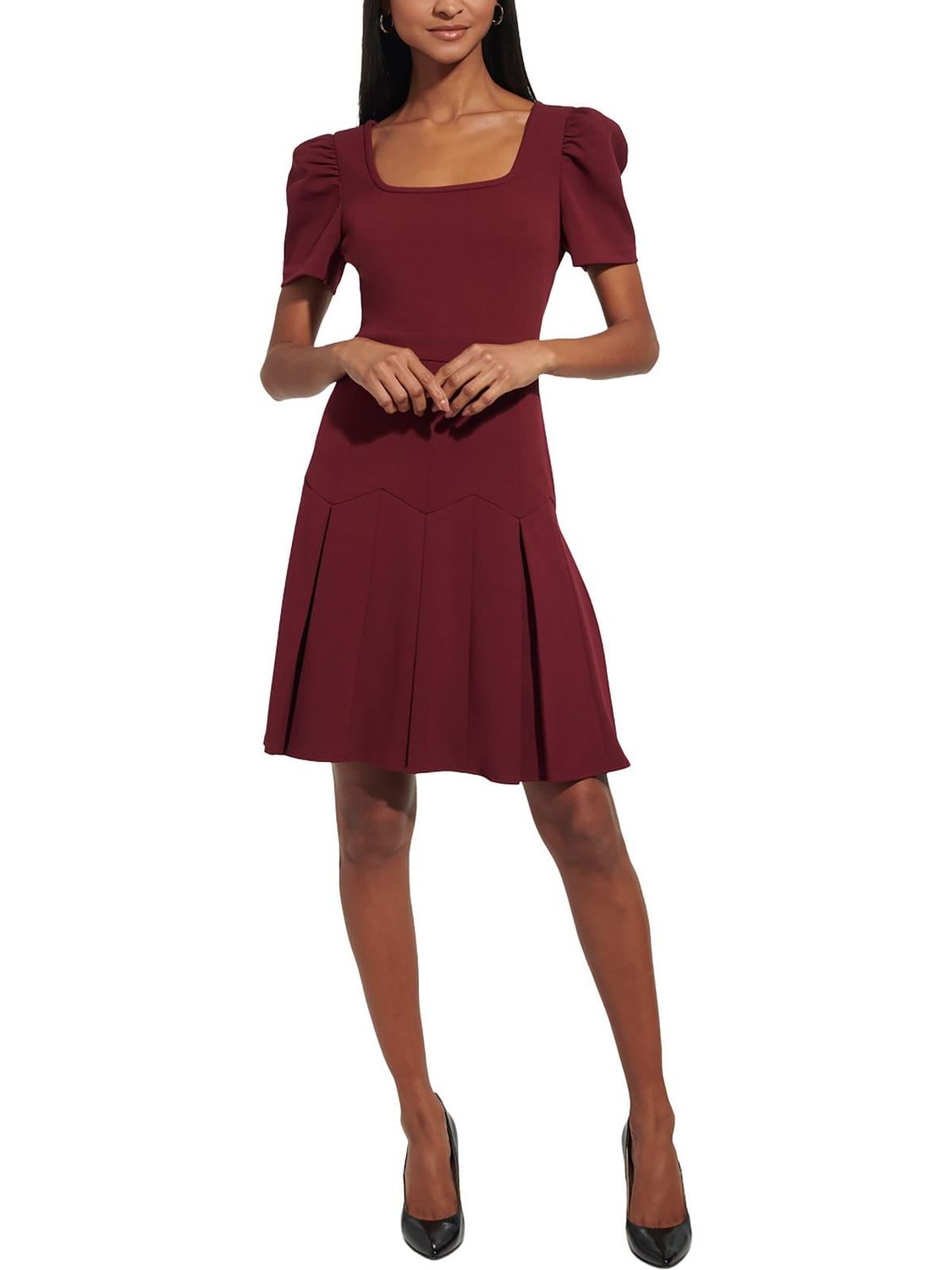 Karl Lagerfeld Paris Women&#39;s Scuba Crepe a-Line Puff-Sleeve Pleat-Skirt Dress - Port Wine
