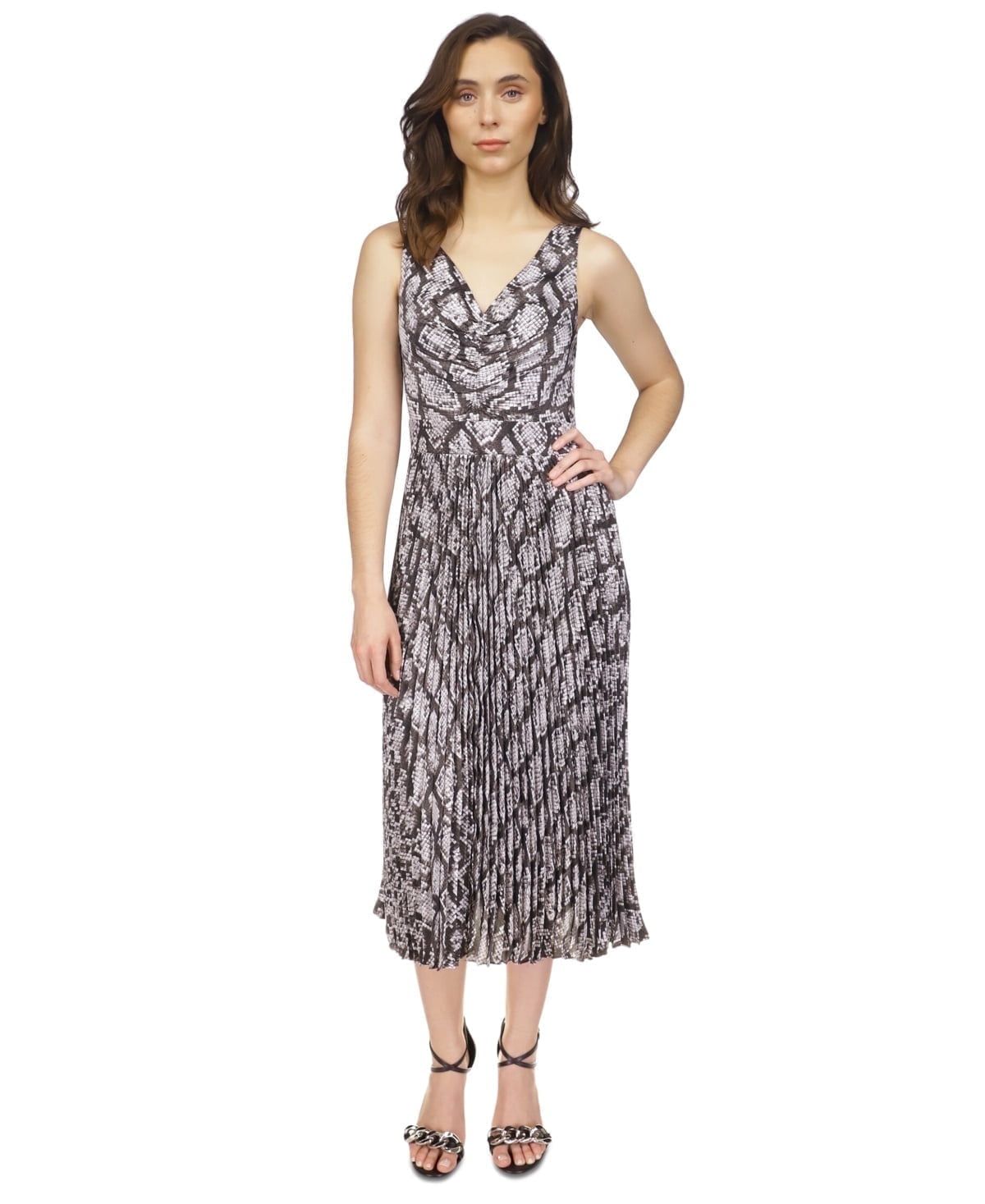 Michael Michael Kors Women&#39;s Snakeskin-Print Pleated MIDI Dress - Black