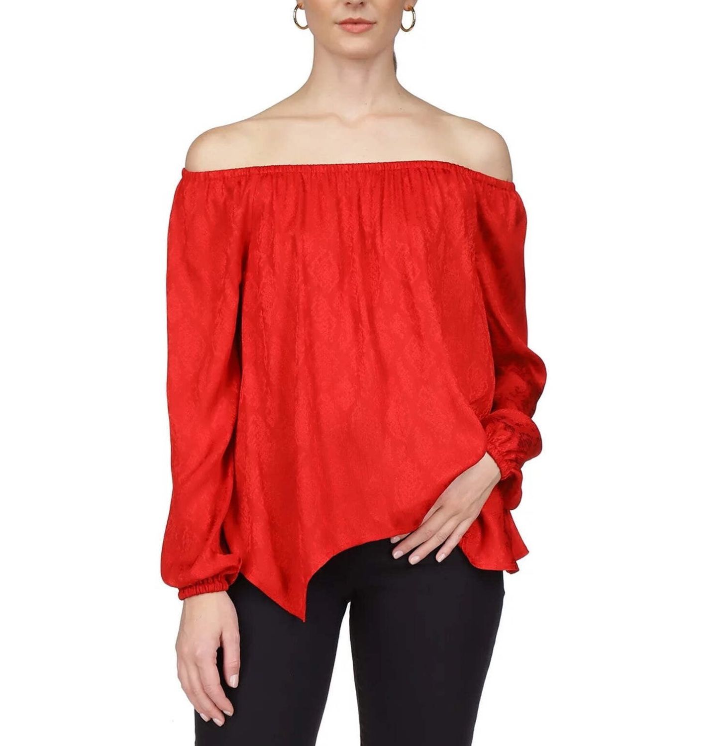 Michael Michael Kors Women&#39;s Off-the-Shoulder Jacquard-Print Top, Regular &amp; Petite - Crimson
