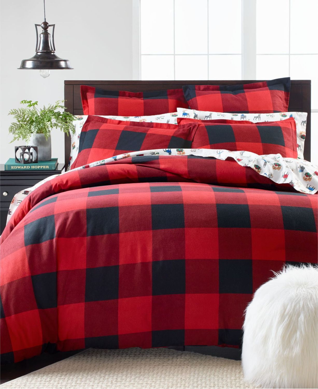 Martha Stewart Collection Holiday Flannel Buffalo Plaid Flannel King Duvet Cover, Created for Macy&#39;s