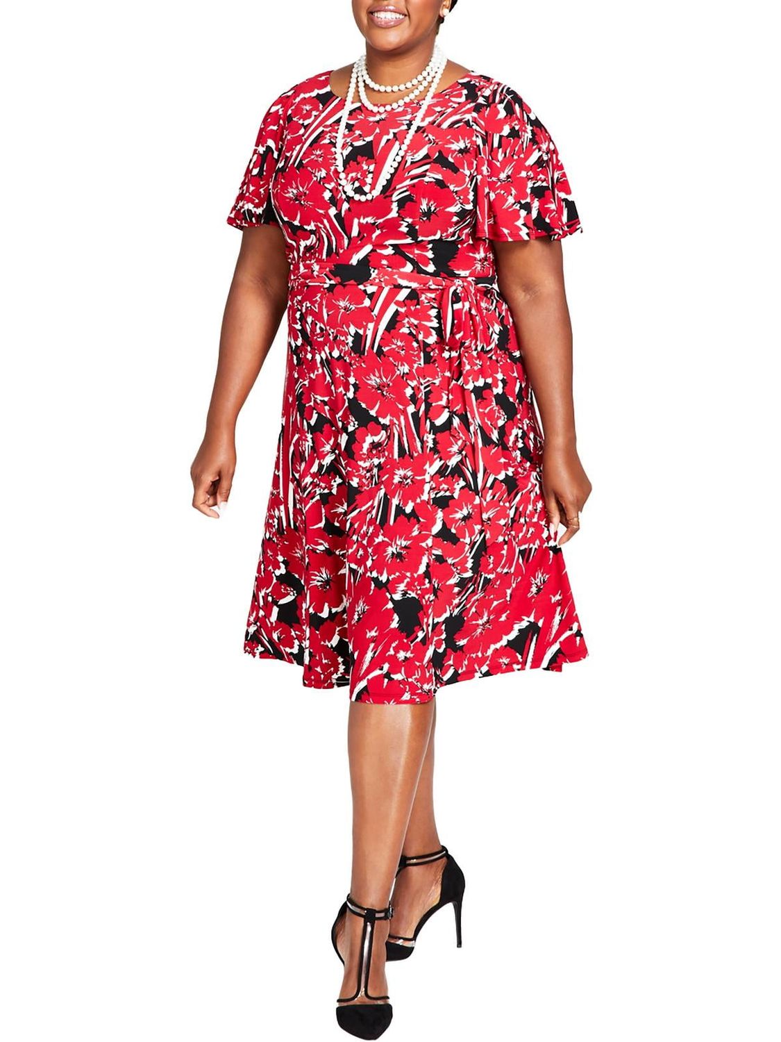 Kasper Plus Size Florinda Flutter-Sleeve Belted Dress - Crimson / Cream Combo