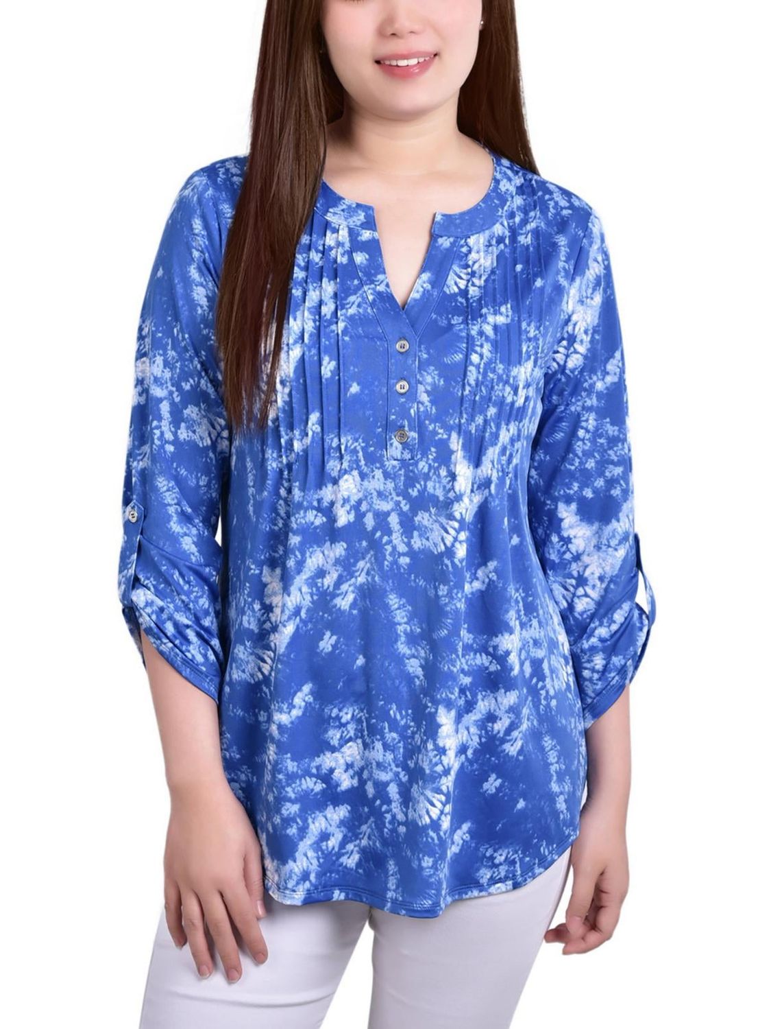 Petites Womens Printed Pintuck Henley