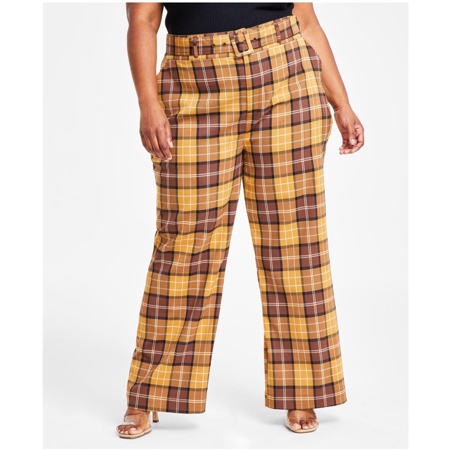 Nina Parker Plus Size High-Rise Plaid Wide Brown Plaid 16W
