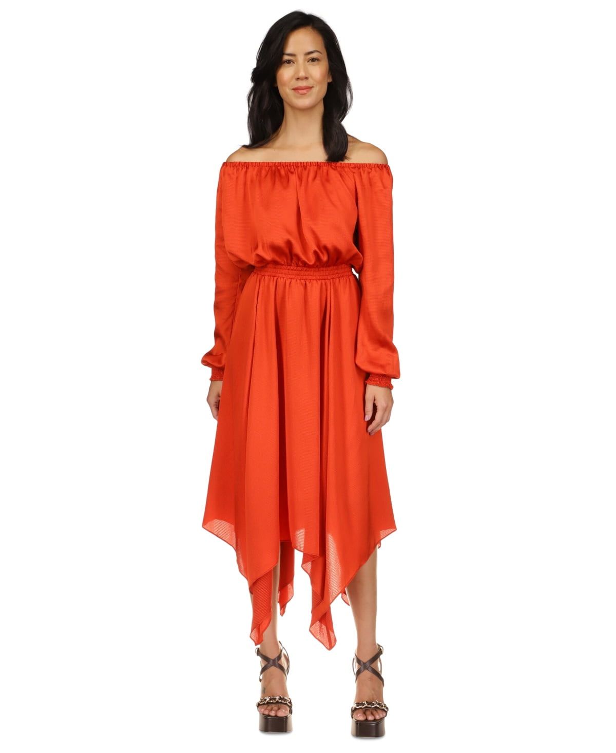 Michael Michael Kors Women&#39;s Off-the-Shoulder Handkerchief-Hem Dress, Regular &amp; Petite - Bright Terracotta