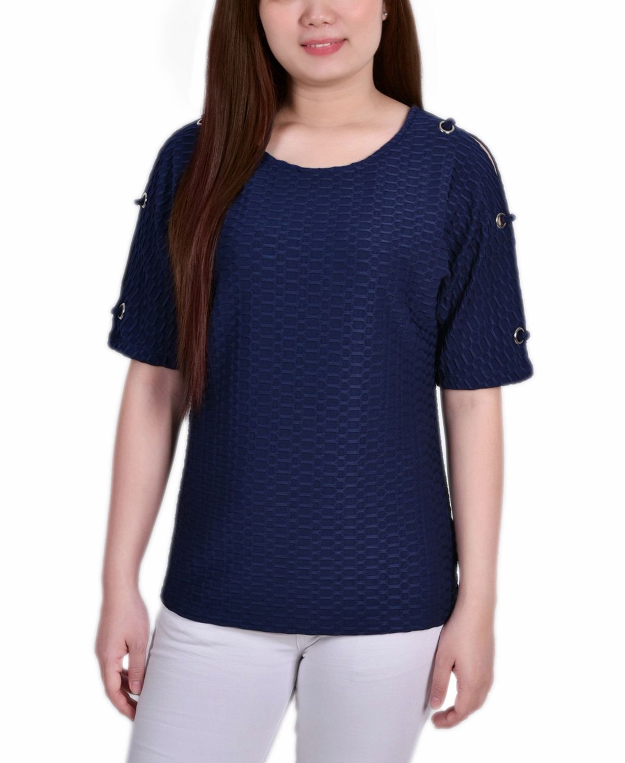 Ny Collection Petite Short Sleeve Honeycomb Textured Grommet Top - Dark Blue