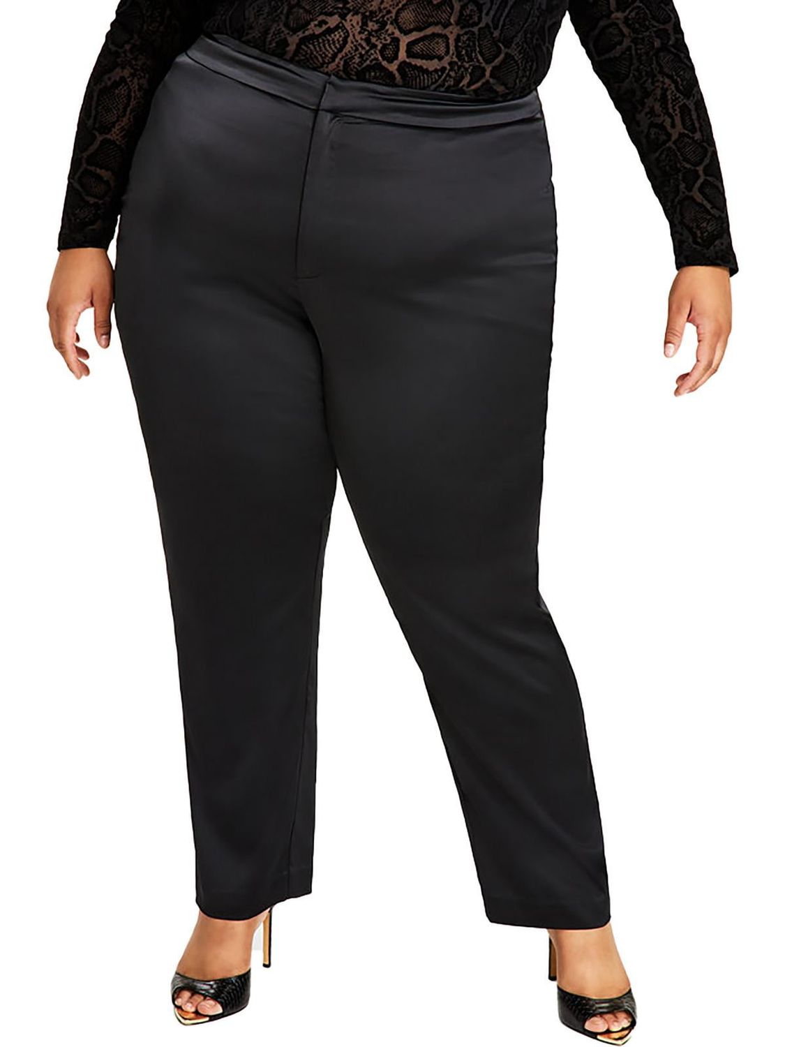 Nina Parker Trendy Plus Size Satin Fitted Pants - Black Beauty