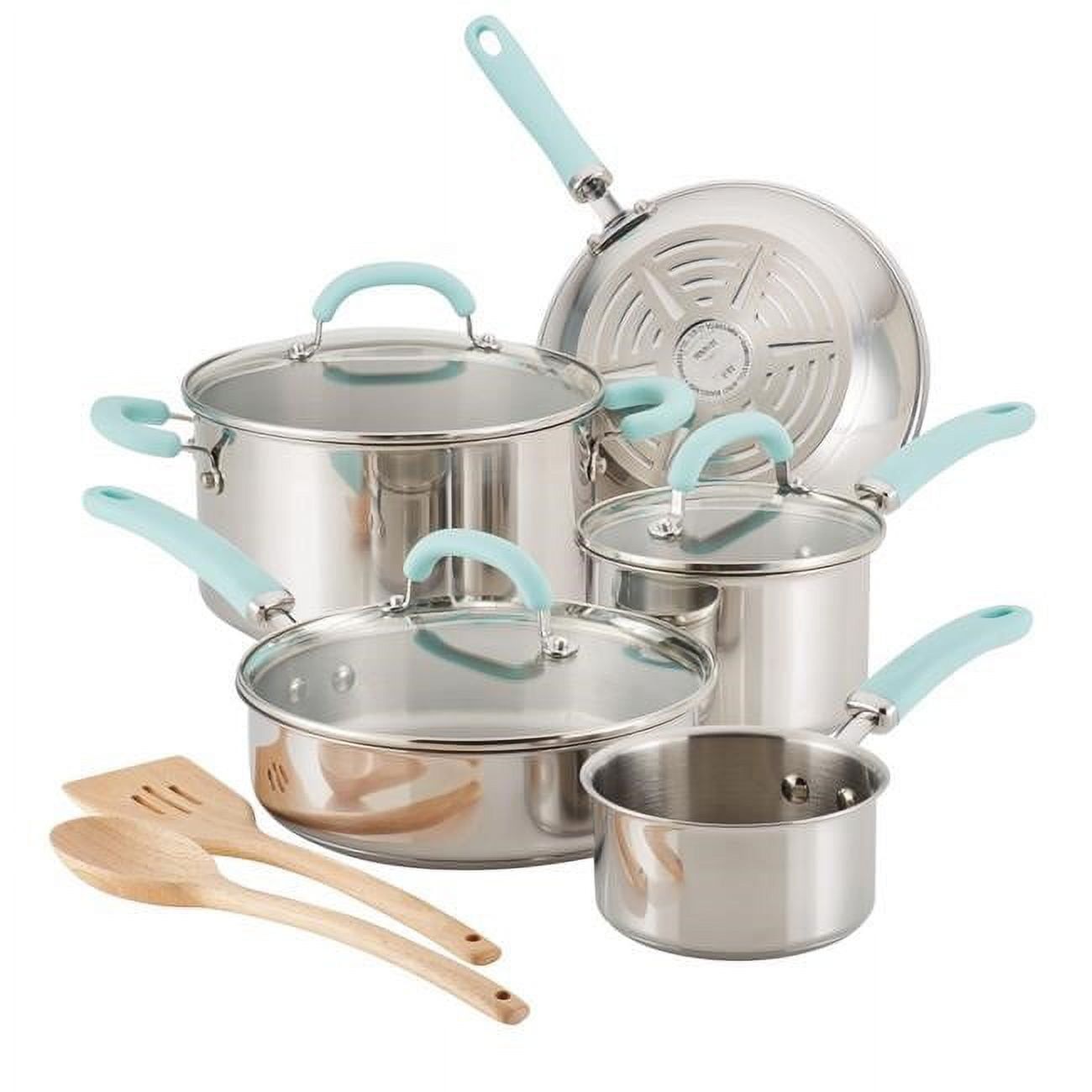 Rachael Ray Create Delicious 10pc Stainless Steel Cookware Set Light Blue Handles: Induction Safe, Dishwasher Safe