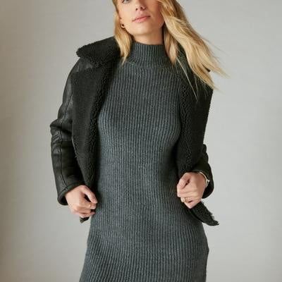 Lucky Brand Mock Neck Sweater Dress - Women&#39;s Clothing Dresses in Dark Gray Heather Combo, Size S