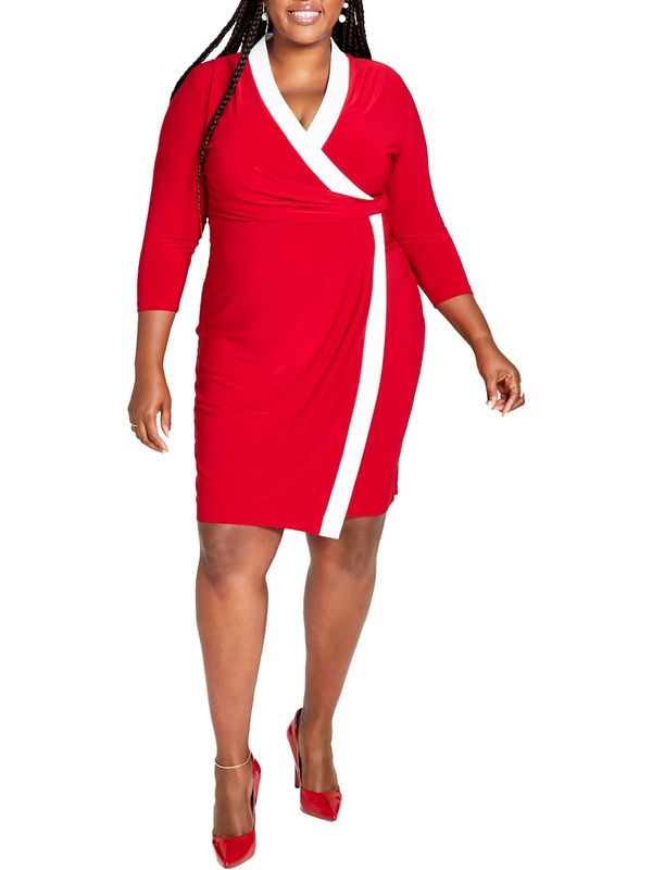 Kasper Plus Size Surplice V-Neck Long-Sleeve Dress - Crimson / Cream