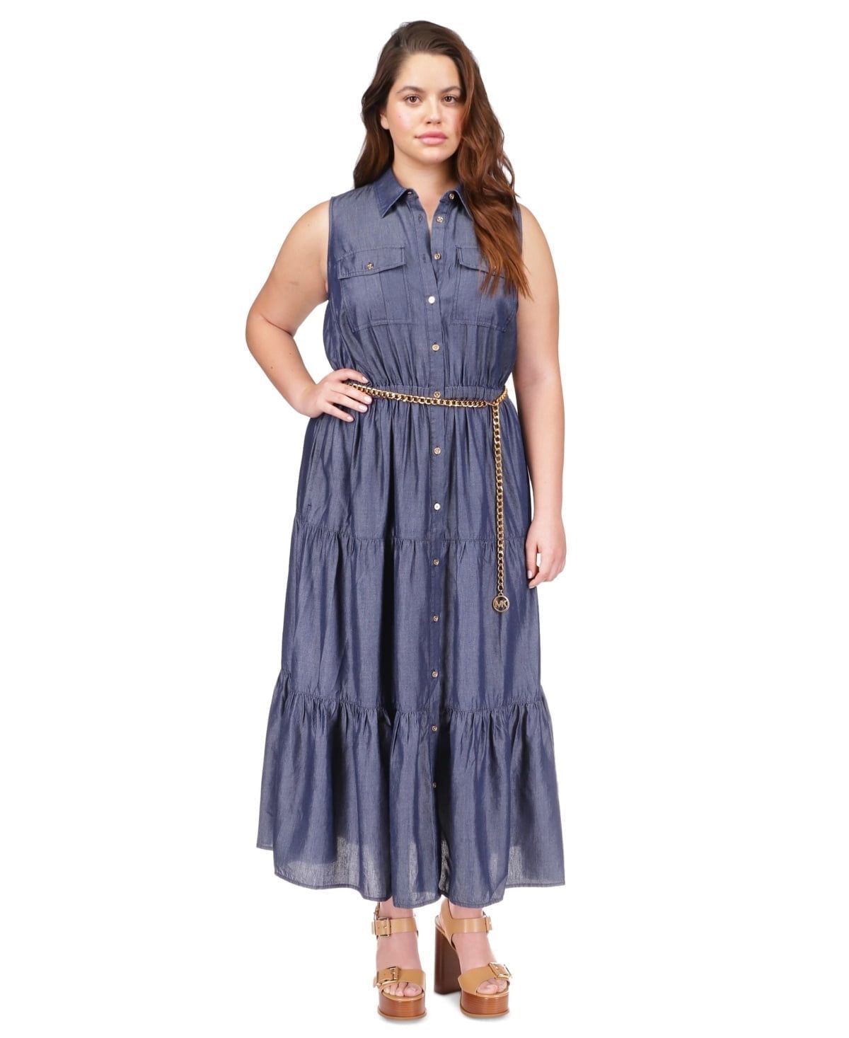 Michael Michael Kors Plus Size Chain-Belt Tiered Shirtdress - Indigo Rinse