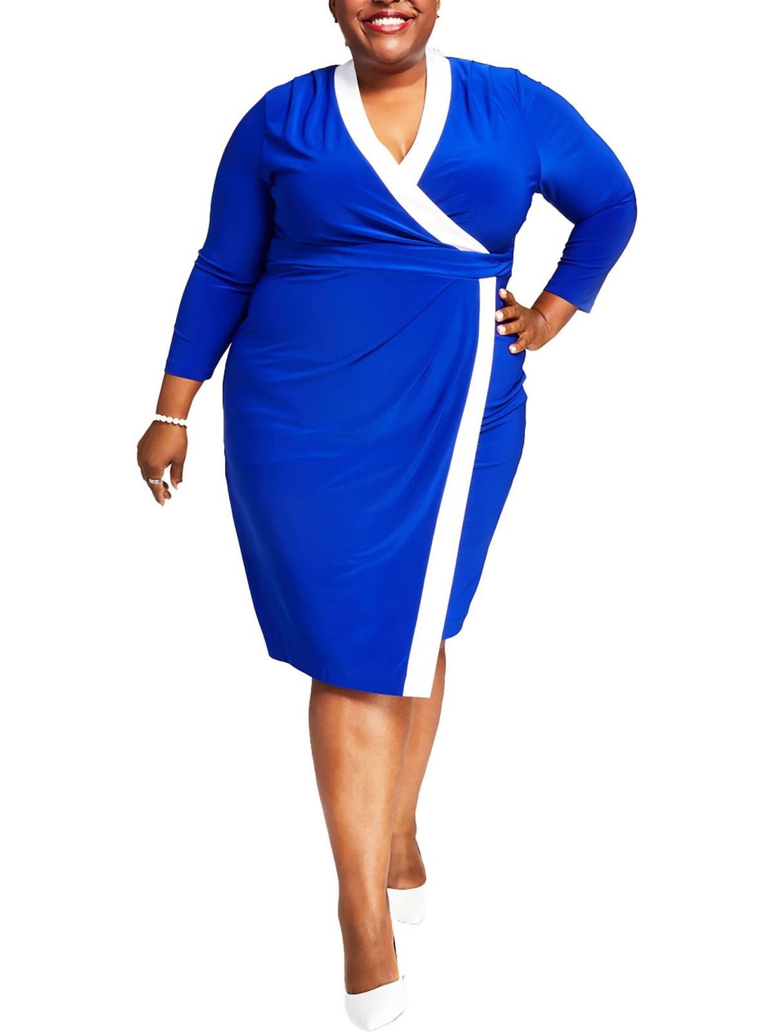 Kasper Plus Size Surplice V-Neck Long-Sleeve Dress - Royal Blue / White