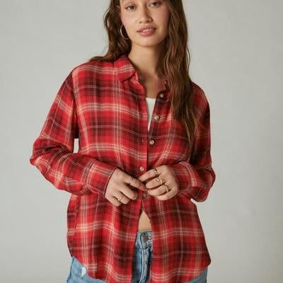 Lucky Brand Cloud Plaid Boyfriend Flannel Shirt - Women&#39;s Clothing Tops Flannels Plaid Shirts in Grape Wine Plaid, Size M