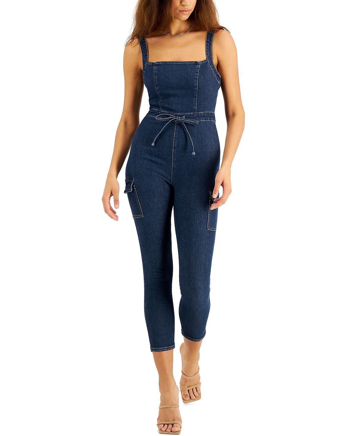 Tinseltown Juniors&#39; Belted Denim Jumpsuit with Ruffle - Dark Wash