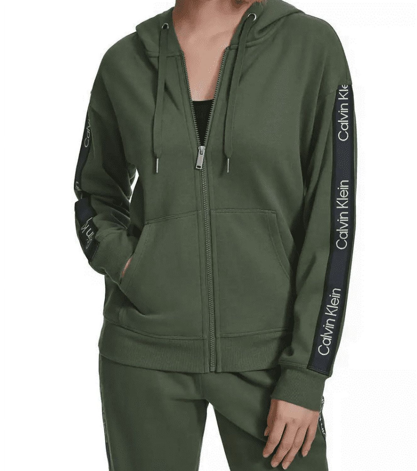 Calvin Klein Performance Women&#39;s Fleece Logo Stripe Full Zip Hoodie - Sea Level