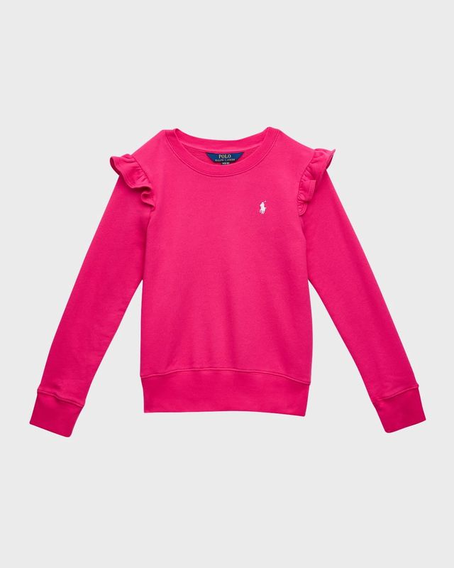 Polo Ralph Lauren Kids Ruffled Terry Sweatshirt (Big Kid) (Bright Pink W/White) Girl&#39;s Sweatshirt