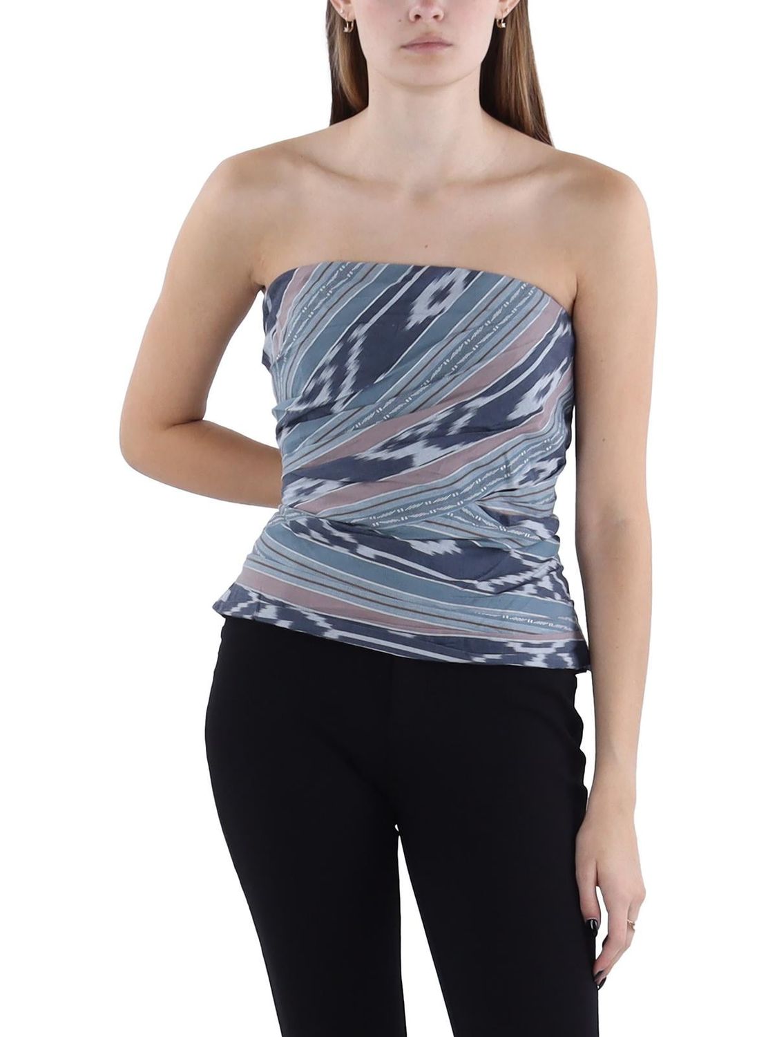 Lauren Ralph Lauren Women&#39;s Geo Stripe Cotton Strapless Blouse Navy Multi 8