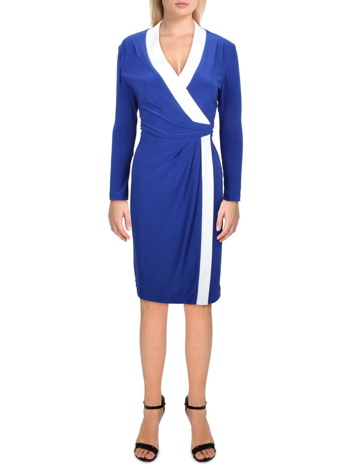 Kasper Colorblocked Faux-Wrap Sheath Dress - White/Royal Blue