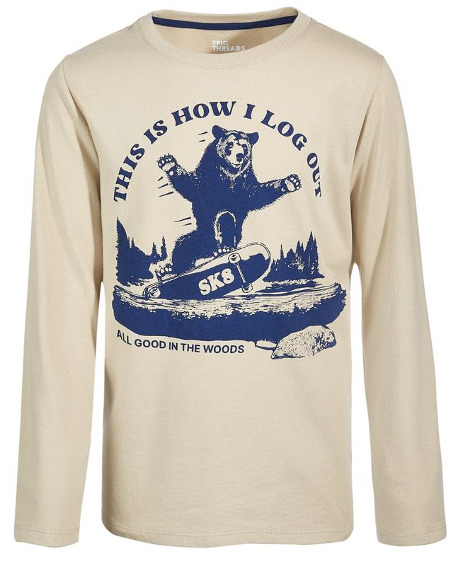 Epic Threads Big Boys Skater Bear Graphic T-shirt, - Sand Tan