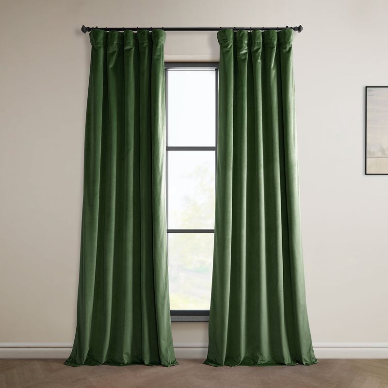 Eden Green Velvet Rod Pocket Room Darkening Curtain - 50 in. W X 96 in. L Single Panel Window Velvet Curtain