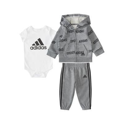 Adidas Baby Boys Fleece Jacket, Bodysuit and Pants, 3 Piece Set - Charcoal Gray Heather