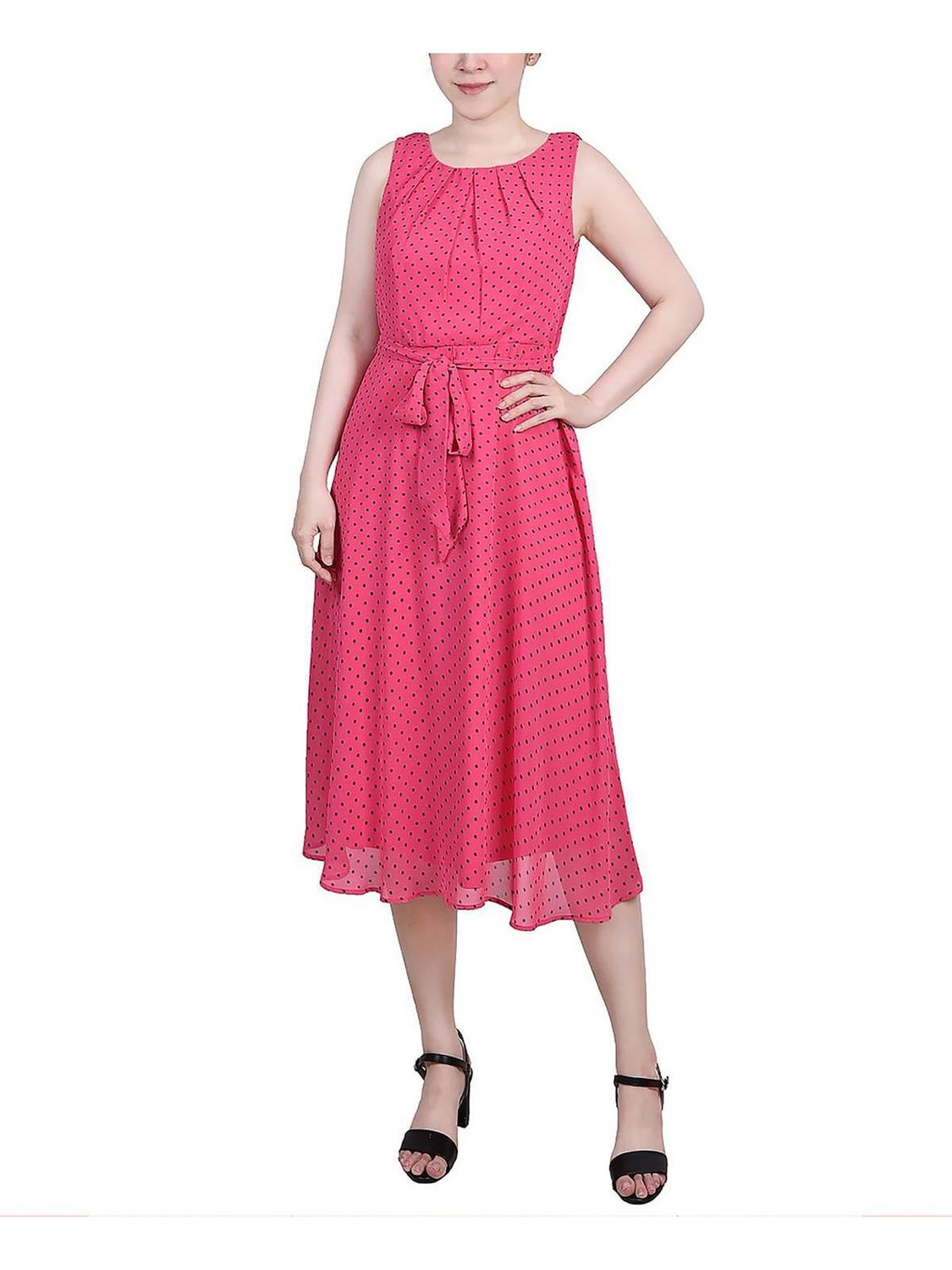 Petite Sleeveless Chiffon Belted Dress - Pink Black Fantasy Dot