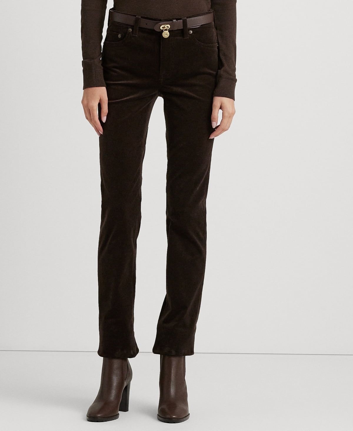 Lauren Ralph Lauren Women&#39;s Stretch Corduroy Mid Rise Straight Pants, Brown, 8