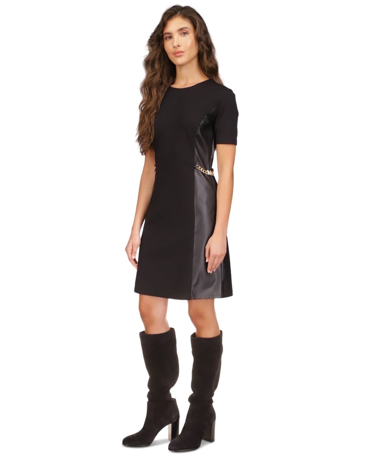 Michael Michael Kors Women&#39;s Faux-Leather Mixed-Media Chain Dress, Regular &amp; Petite - Black