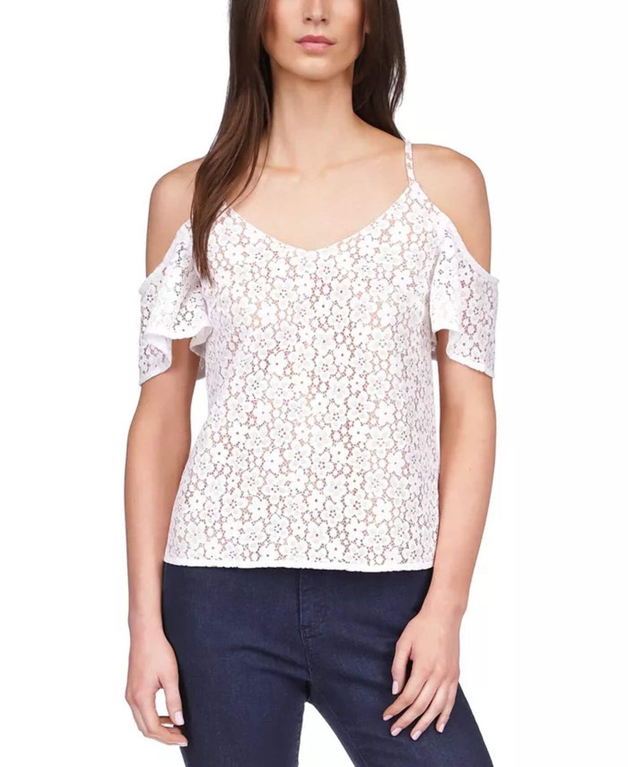 Michael Michael Kors Women&#39;s Lace Cold-Shoulder Chain Top, Regular &amp; Petite - White