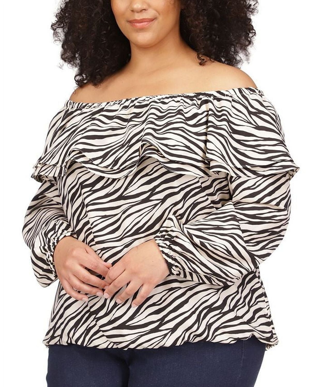 Michael Michael Kors Plus Size Tiger-Print Ruffled Cold Shoulder Top - Bone