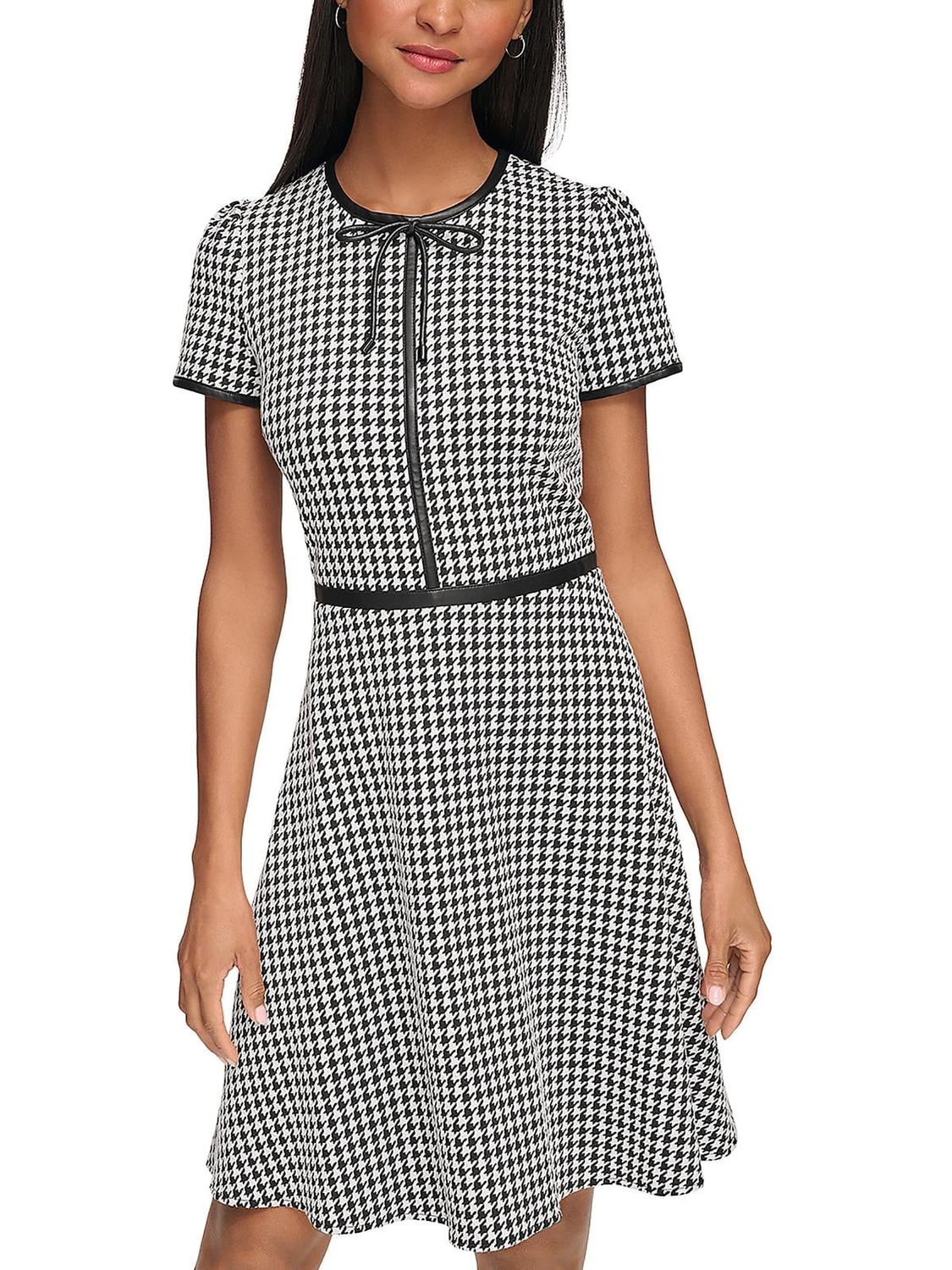 Karl Lagerfeld Paris Women&#39;s Houndstooth Puff-Sleeve Bow-Neck Dress - Black/ Soft White