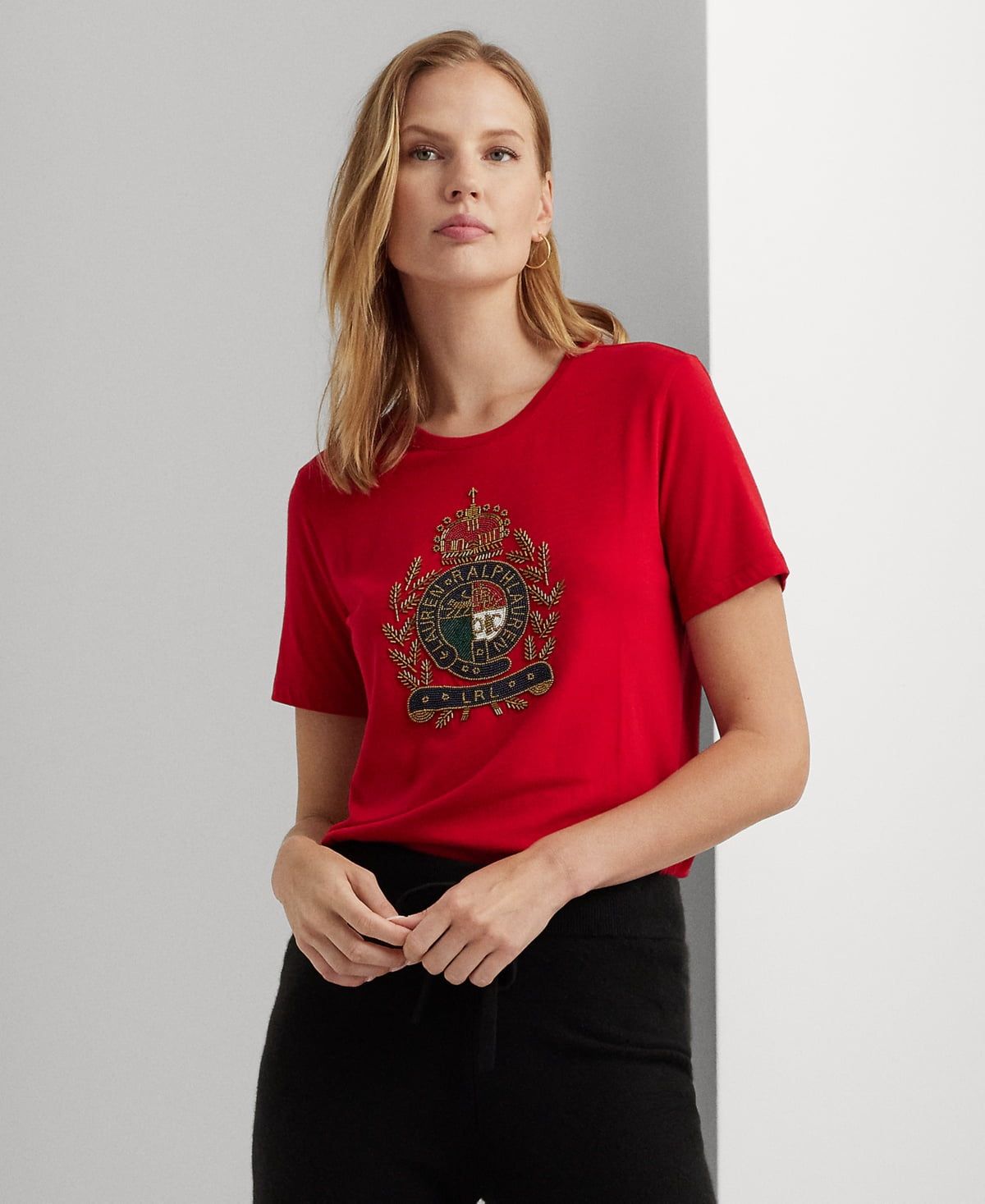 Lauren Ralph Lauren Women&#39;s Beaded-Crest Cotton-Blend Jersey Tee - Martin Red
