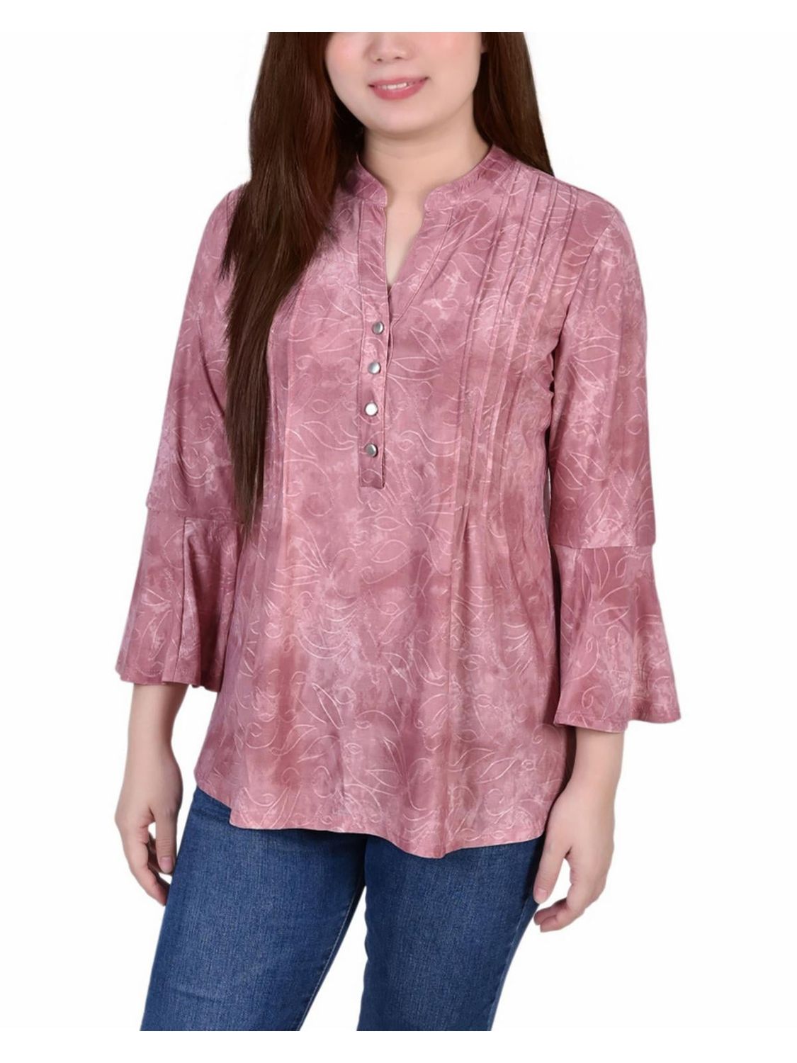 Petites Womens Printed Y-Neck Blouse