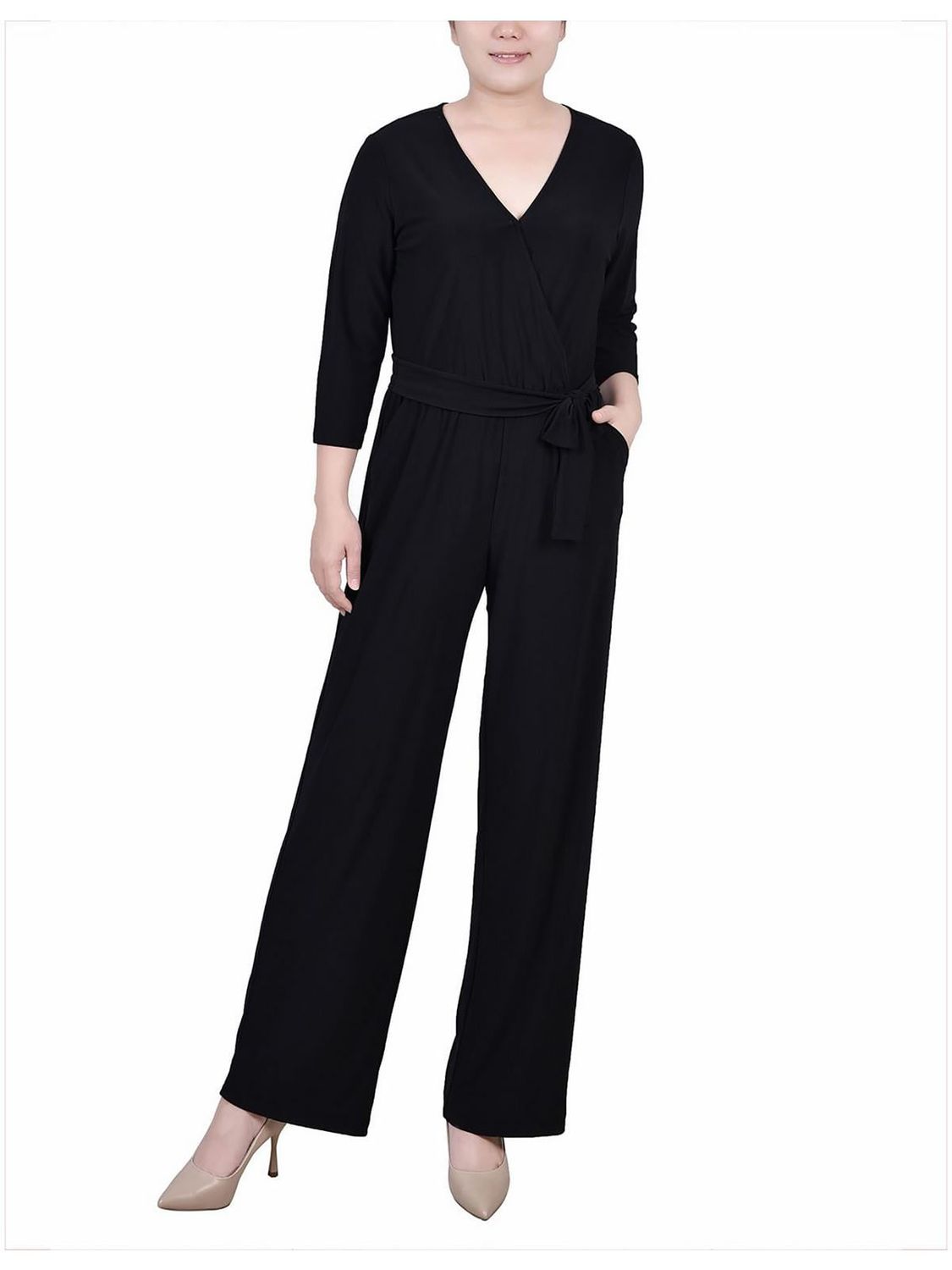 Ny Collection Petite Short 3/4 Sleeve Belted Wide Leg Jumpsuit - Black