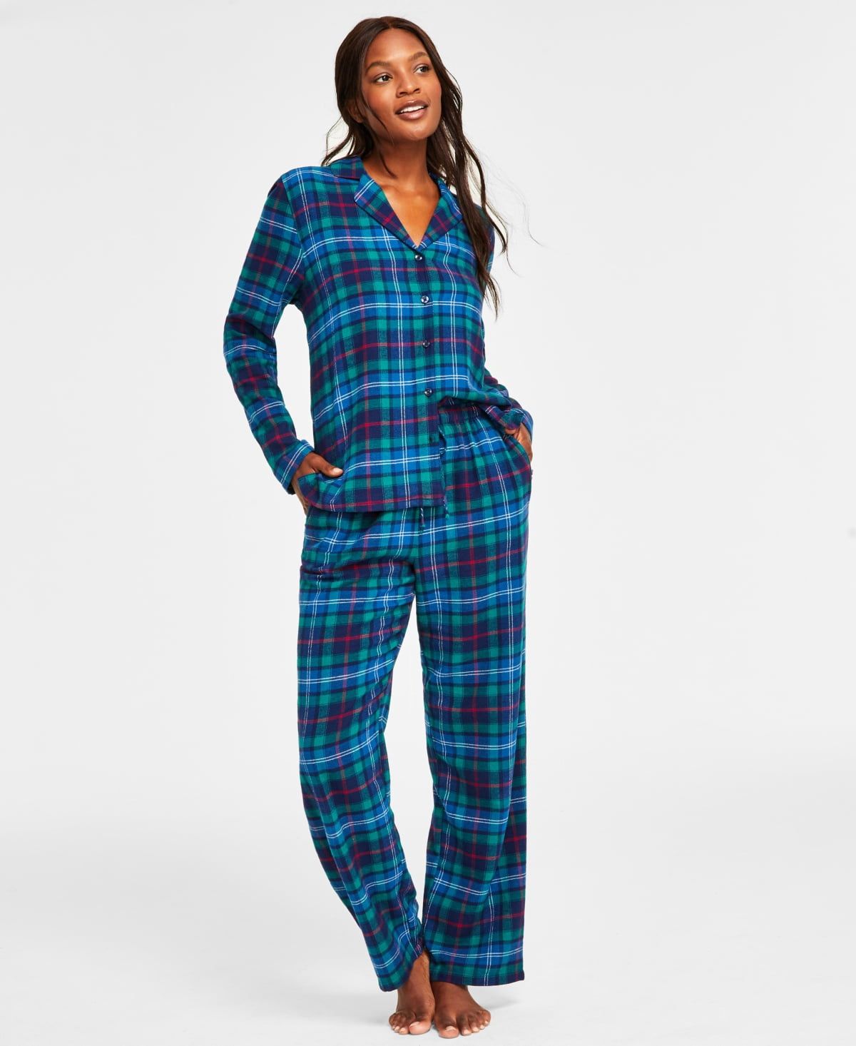 Matching Family Pajamas Women&#39;s Cotton Plaid Notched Pajamas Set,  - Family Plaid