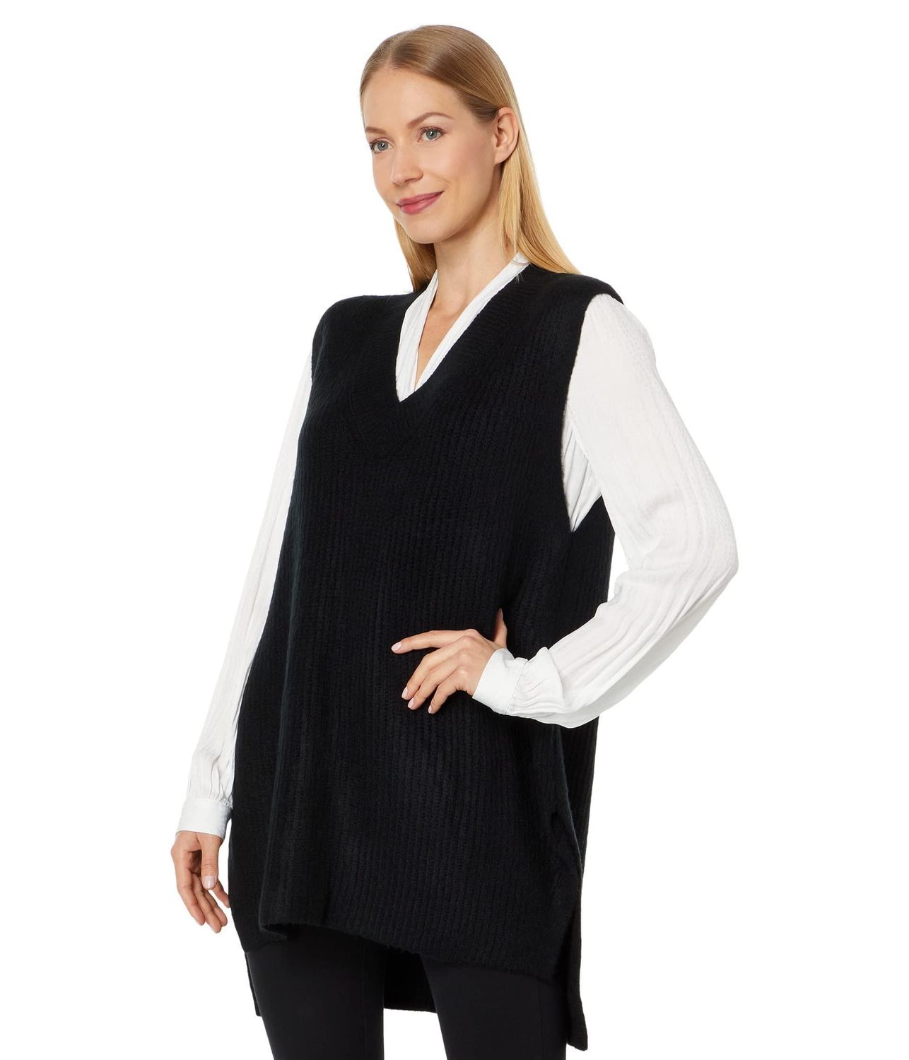 Vince Camuto Women&#39;s Shaker Vest V-Neck with High Low Hem Sweater - Rich Black