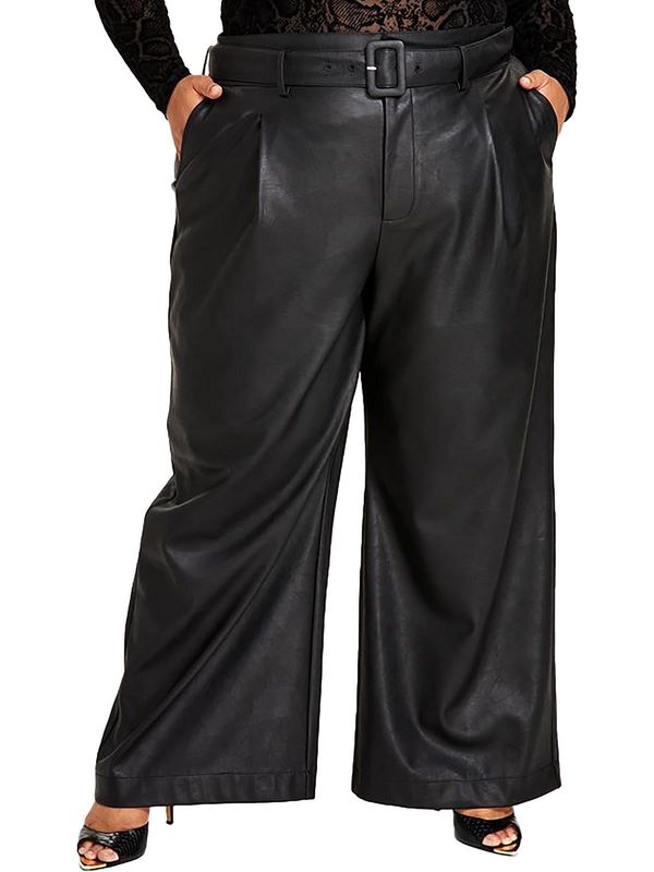 Nina Parker Womens Plus Faux Leather Belted Wide Leg Pants