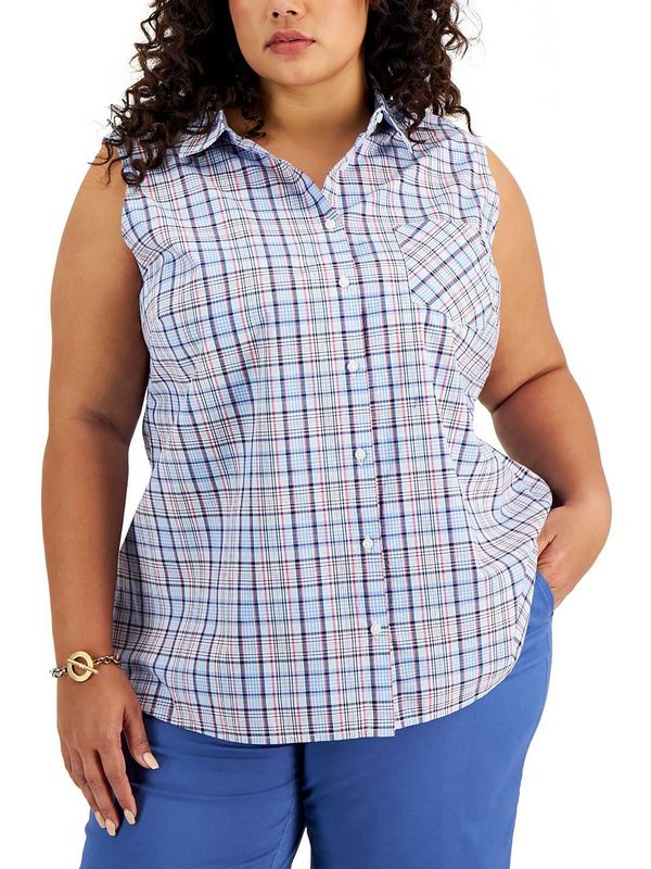 Tommy Hilfiger Womens Plus Plaid Sleeveless Button-Down Top