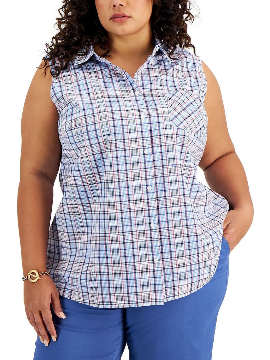 Tommy Hilfiger Womens Plus Plaid Sleeveless Button-Down Top