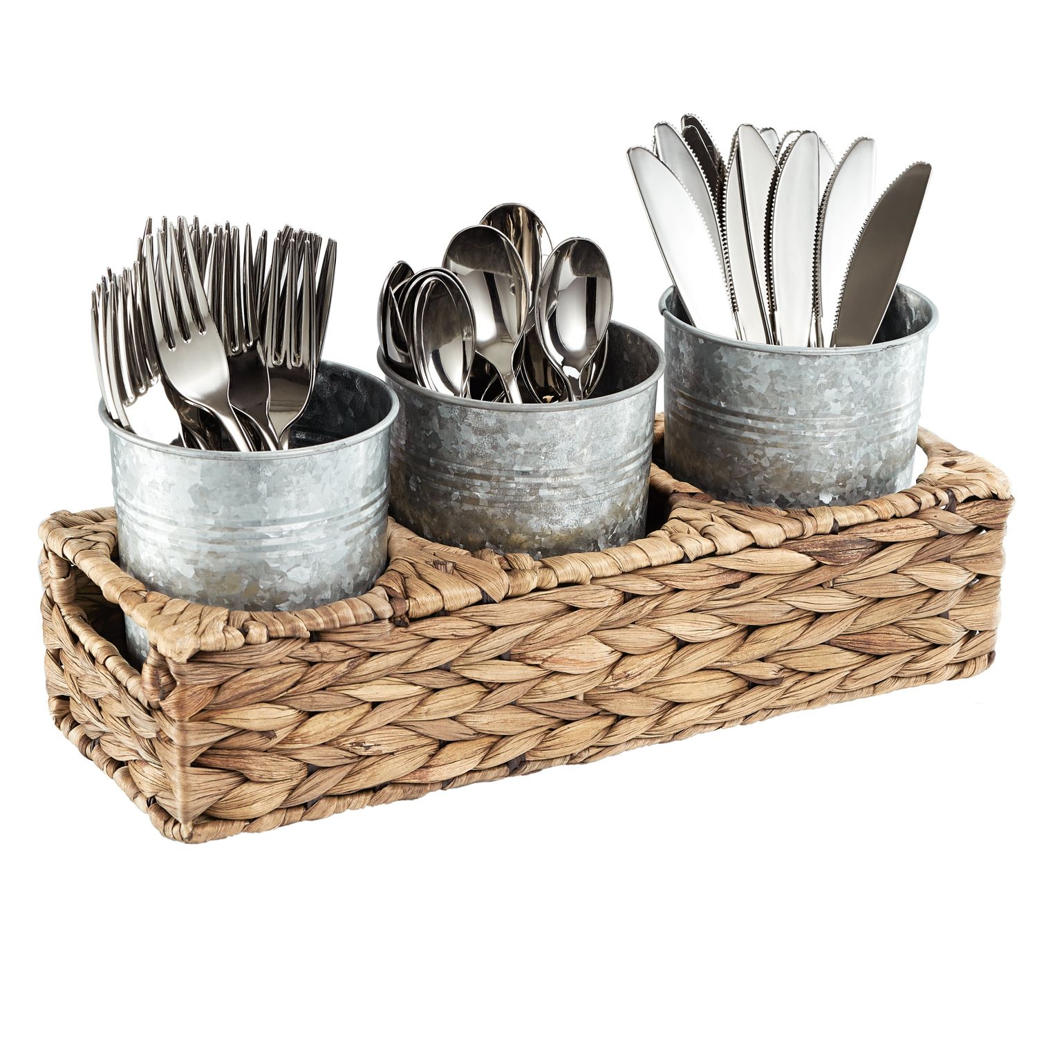 Garden Terrace Flatware Caddy Seagrass Caddy With 3 Galvanized Jars For Flatware, Napkins, Condiments Etc. Cups 5&quot; X 4&quot;