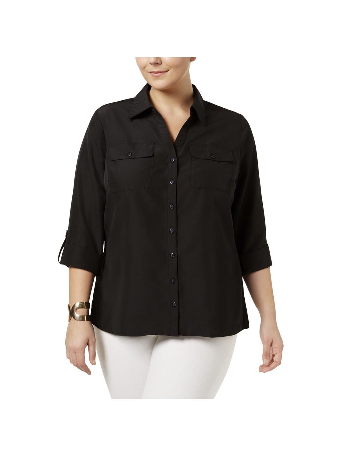 NY Collection Womens Plus Collared Office Wear Button-Down Top
