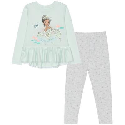 Disney Little Girls Tiana Long Sleeve Peplum Top with Leggings Set - Green