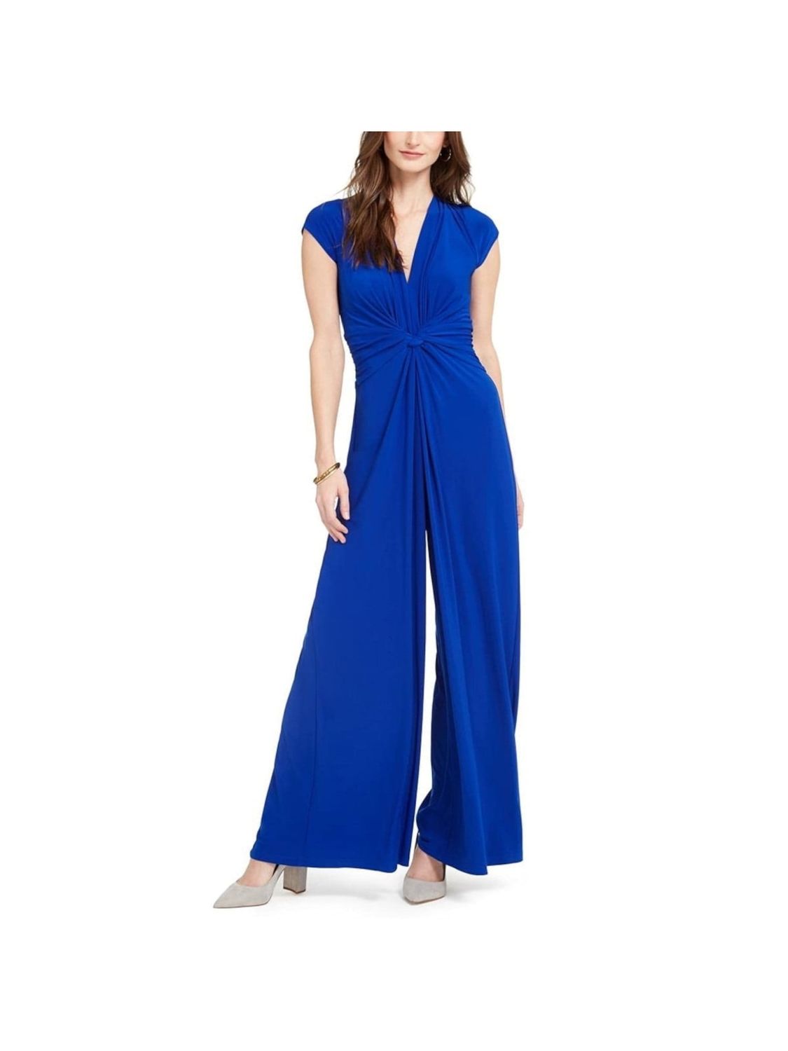 VINCE CAMUTO Womens Blue Stretch Zippered Twist-front Plunge Cap Sleeve V Neck Party Wide Leg Jumpsuit S