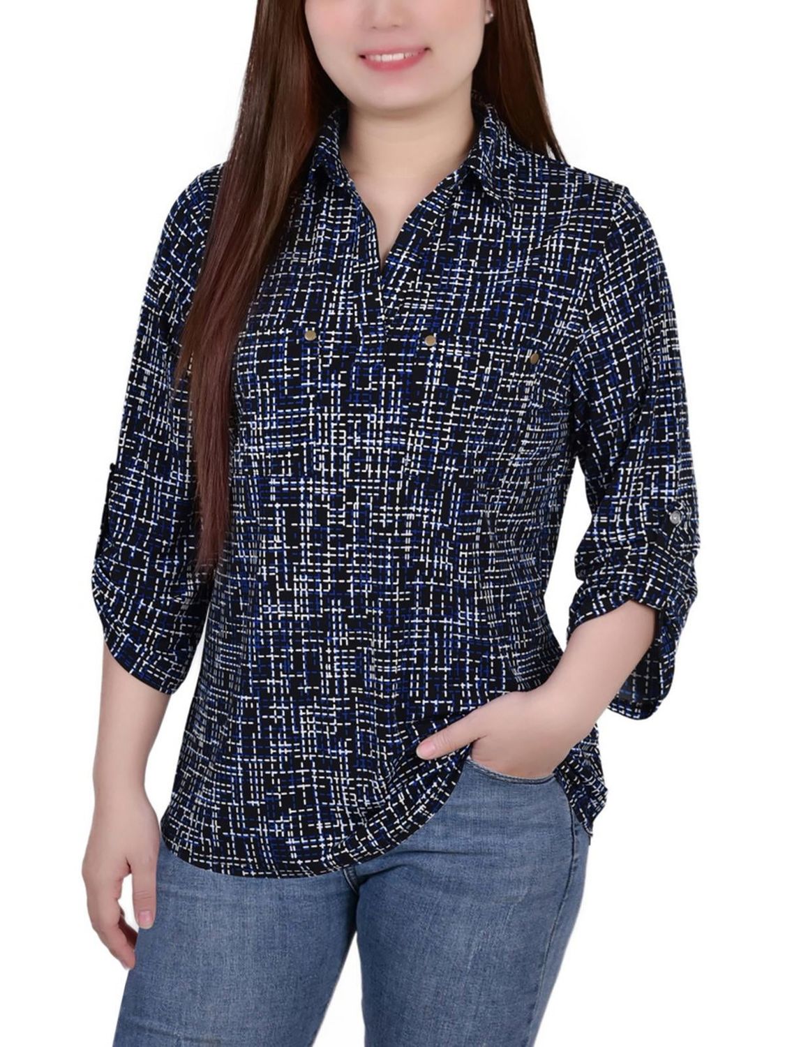 Petites Womens Printed Collar Blouse