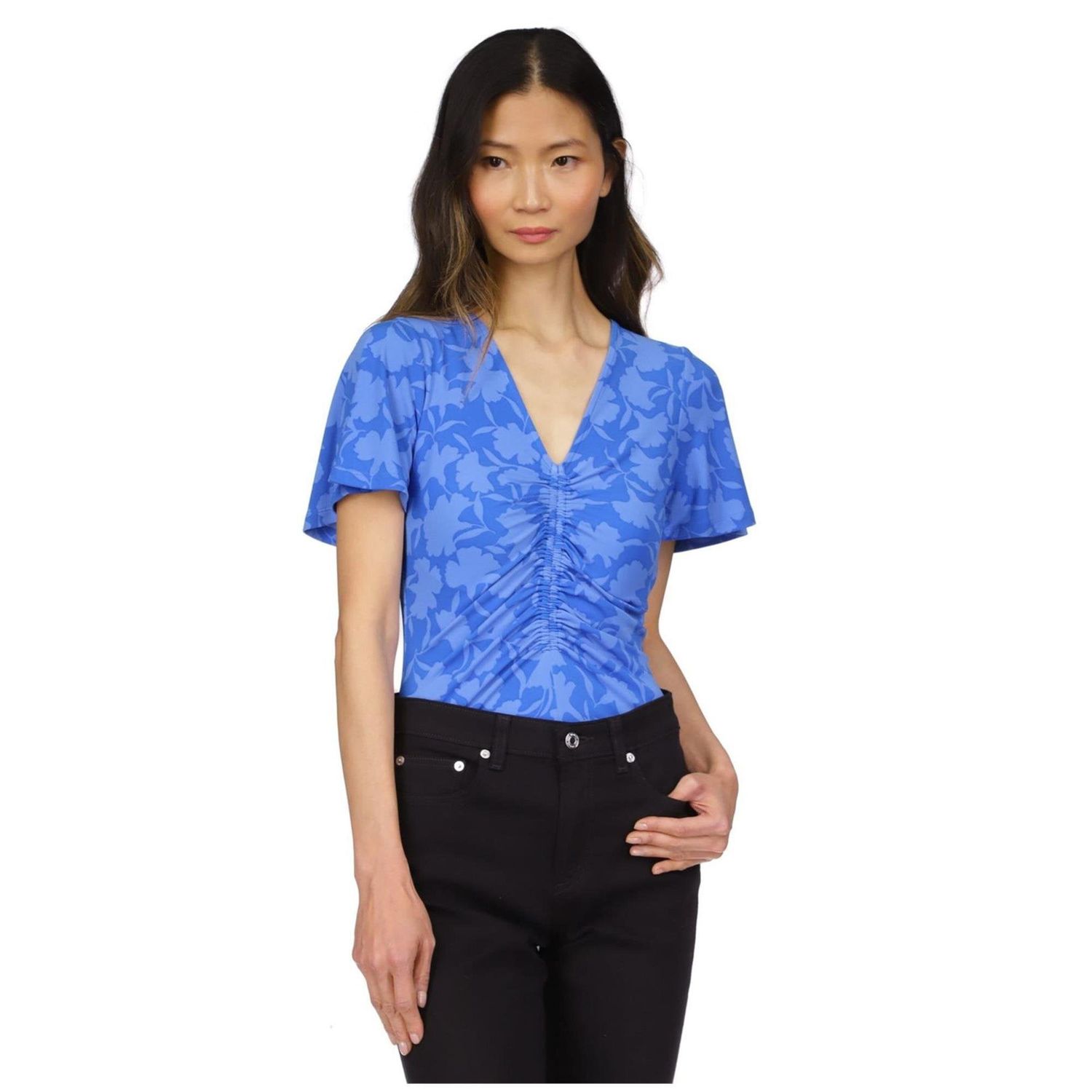 Michael Michael Kors Women&#39;s Printed Ruched Flutter-Sleeve Top, Regular &amp; Petite