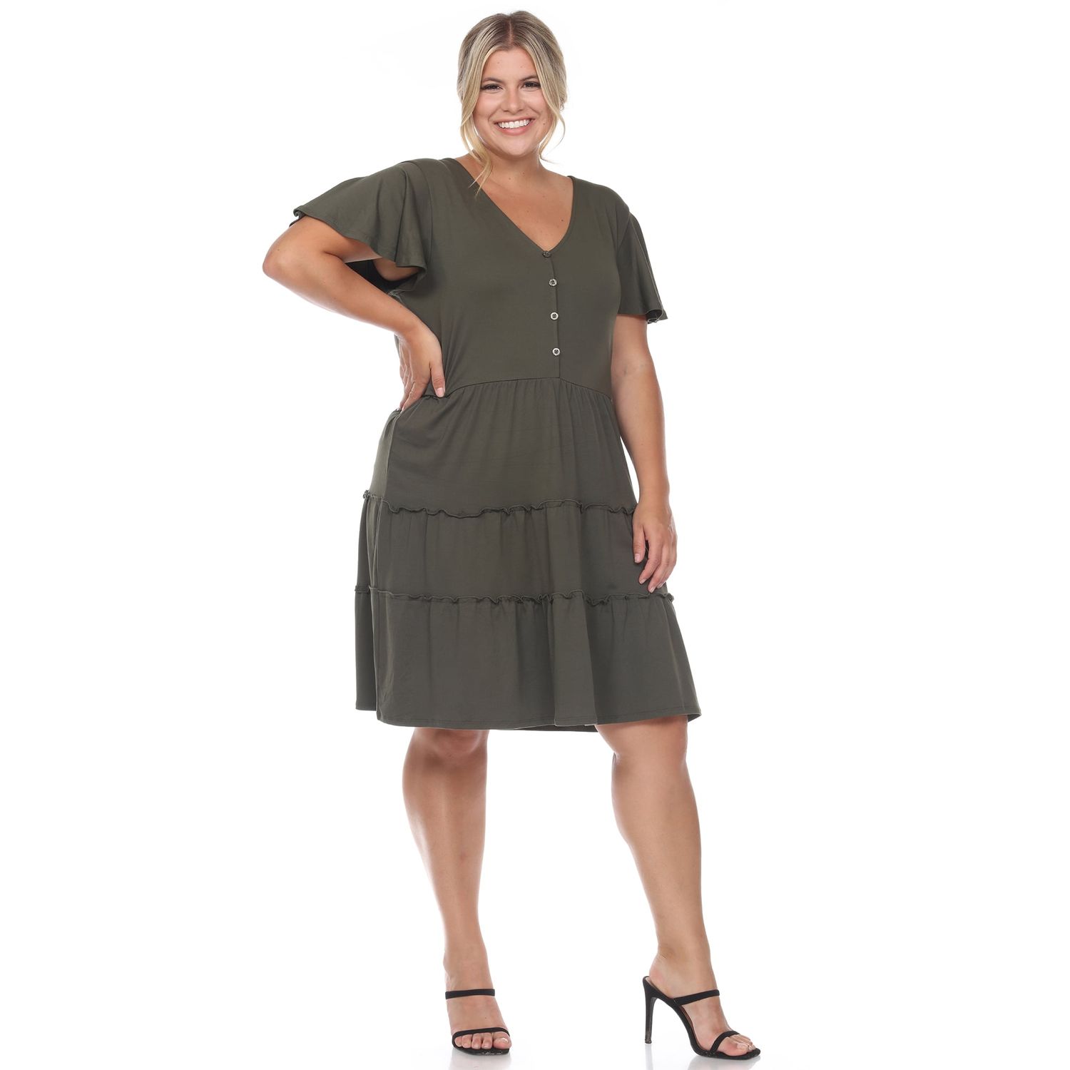White Mark Plus Size Short Sleeve V-Neck Tiered MIDI Dress - Green - 2X