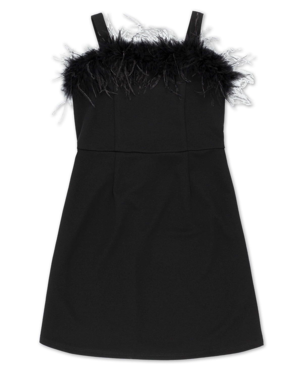 Speechless Big Girls Square Neck a Line Feather Trim Dress - Black