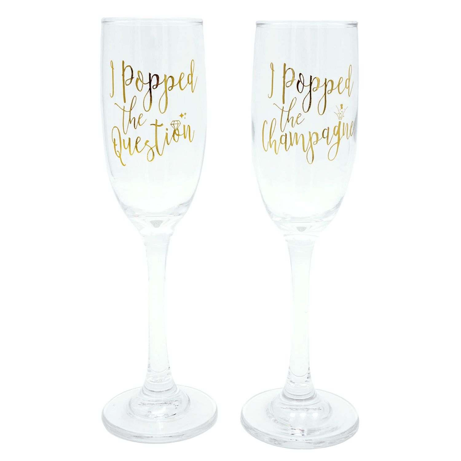 Tmd Holdings Popped the Champagne and Popped the Question Stemmed Flute Glasses, Set of 2 - Gold-Tone