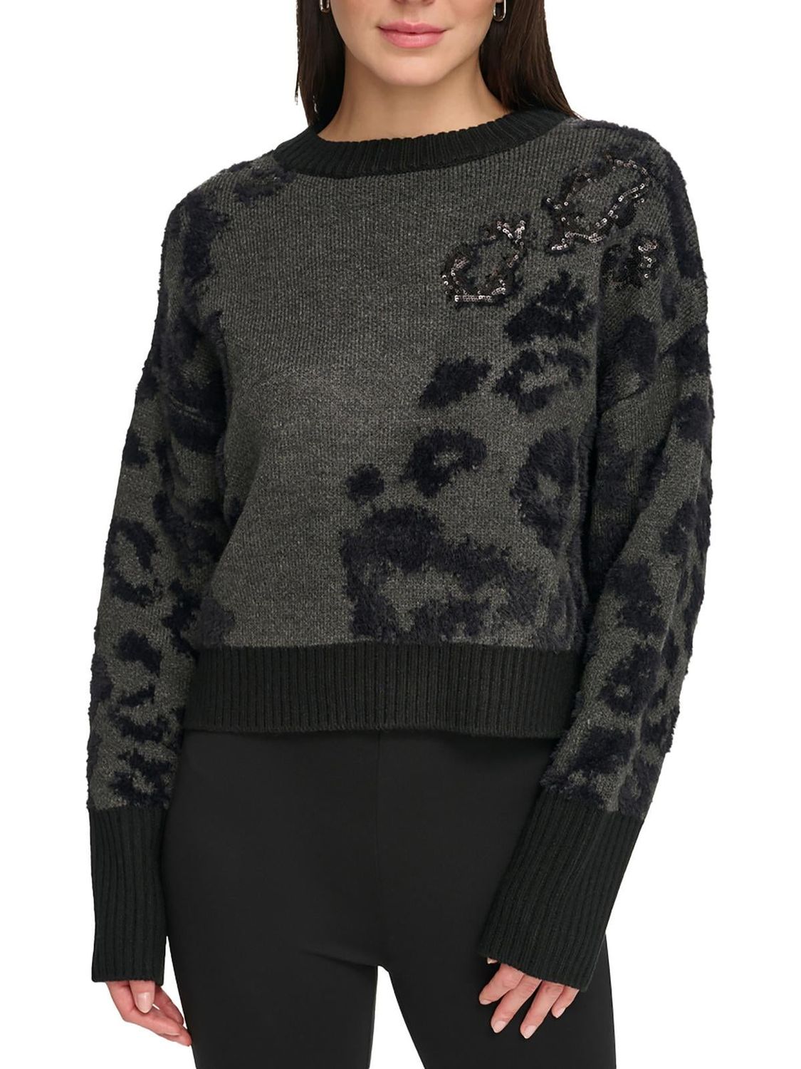 Dkny Women&#39;s Animal-Pattern Textured Contrast Sweater - Granite Heather/black